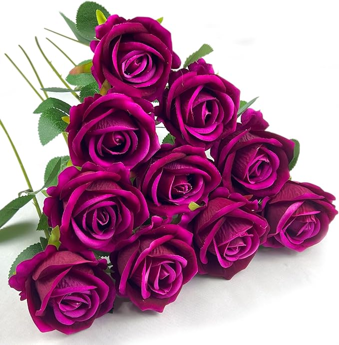 10 PCS Artificial Roses with Long Stems Silk Flowers Realistic Foam Flowers Fake Roses for Valentine's Day Home Wedding Halloween Decor(Rose Red)