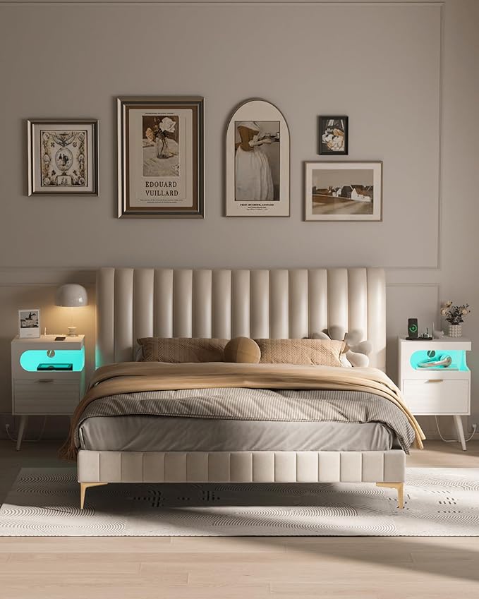 White Nightstand with Charging Station and LED Lights,Modern Bedside Table with Storage Drawer,Night Stand with Solid Wood Legs,White (White-1)