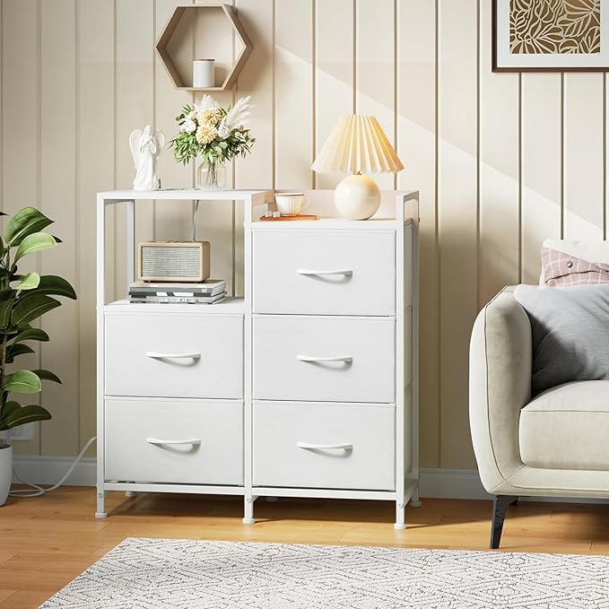 Somdot White Nightstand with Charging Station and LED Light, Wide 5 Drawers Dresser for Bedroom with Fabric Bins and Open Shelf for Bedroom Kids Closet Dorm Guest Room, White Leather