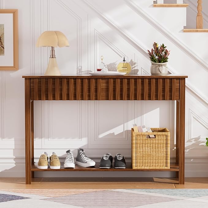 CHUWELL Entryway Console Table with 2 Fluted Drawers and Shelf, 47.2" Mid Century Entryway Table, Sofa Table for Living Room and Hallway (Brown)