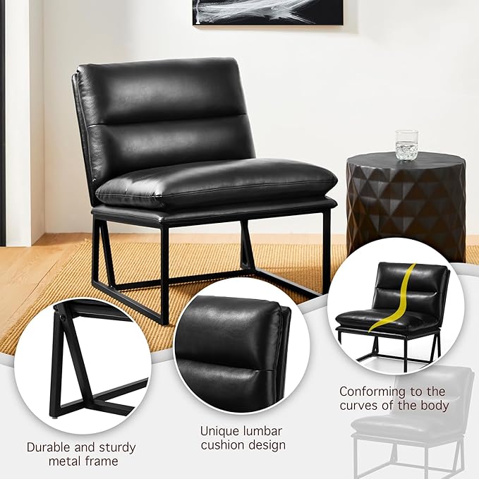 Glitzhome Mid Century Modern Accent Chairs Set of 2, Living Room Chairs with Metal Frame, Thick Leatherette Leisure Chairs Upholstered Chairs for Home Office -Black