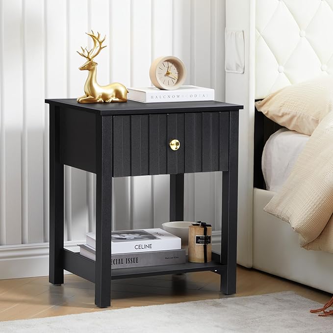 Wood Nightstand, 21.65" H Bedside Table with Wide Fluted Finish, Modern Night Stands with Drawer, Mid Century End Table for Bedroom (Black)