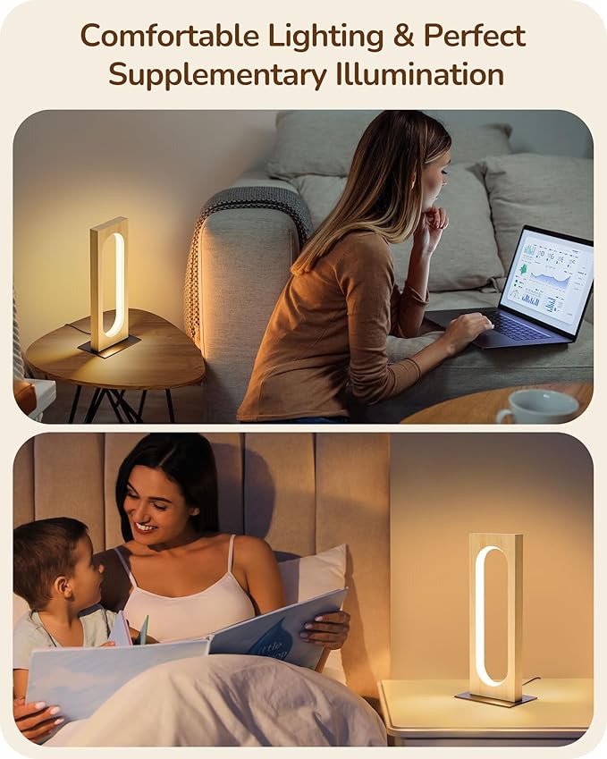 EDISHINE LED Table Lamp, Wooden Bedside Lamp with 3 Color Temperatures & Dimmable, Touch Control Square Nightstand Lamp for Bedroom Living Room, Memory Function, Original Wood Color