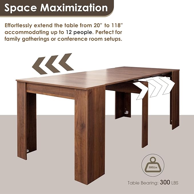 DMAITH 20"-118" Extendable Dining Table for 2-12 People, Modern Modular Extension Table, Space-Saving Extra Long Folding Dining Table, Multifunctional Conference Meeting Table, Walnut
