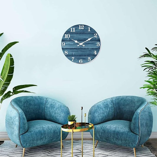 XFM Blue Wooden Wall Clock 14 Inch Silent Wall Clocks Battery Operated Decorative Farmhouse Rustic Wall Clock for Kitchen Living Room Office