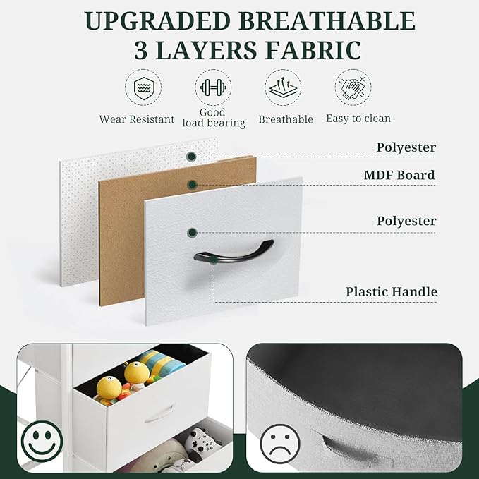 10-Drawer Dresser for Bedroom, Anti-Tip Tall Storage Organizer Chest of Drawers with Wooden Top and Metal Frame Fabric Bins for Closet, Living Room, Hallway, Entryway, White