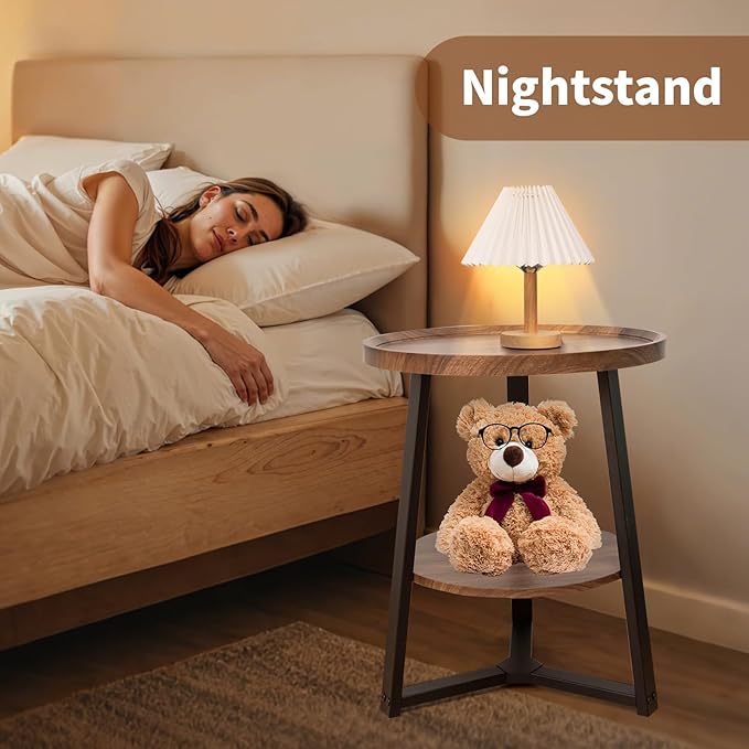 Side Table, 2-Tier Round End Table for Living Room, Small Nightstand Wooden Bedside Tables with Storage Shelf, 19.5-Inch Circle Accent Table for Bedroom, Office, Apartment (Walnut)