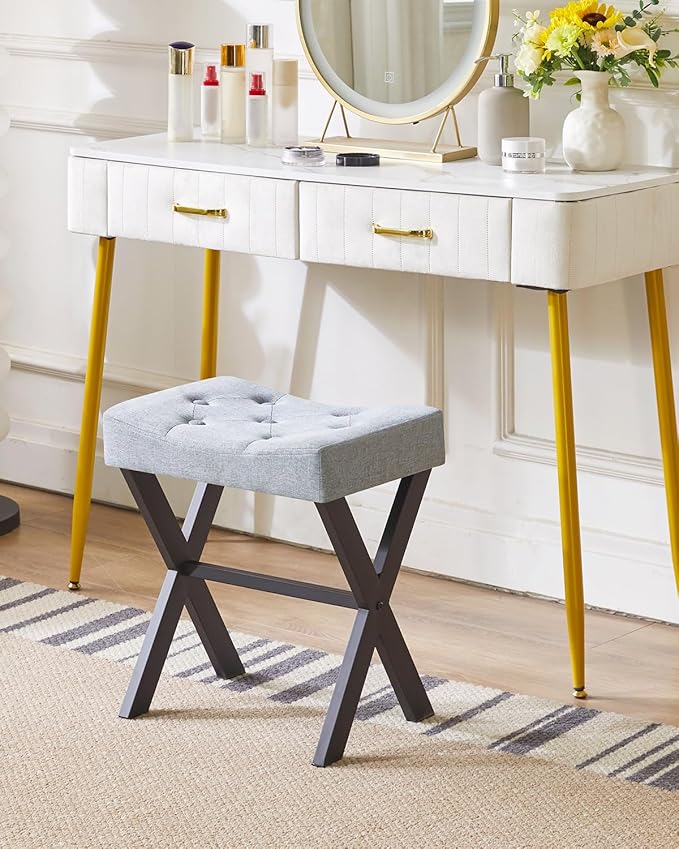 IBUYKE U-Shaped Linen Vanity Stool, Square Makeup Chair with X-Leg, Ottoman Seat Footrest Stool, Multi-Use as Small Side Table, for Bedroom, Living Room, Blue Gray WBD018L