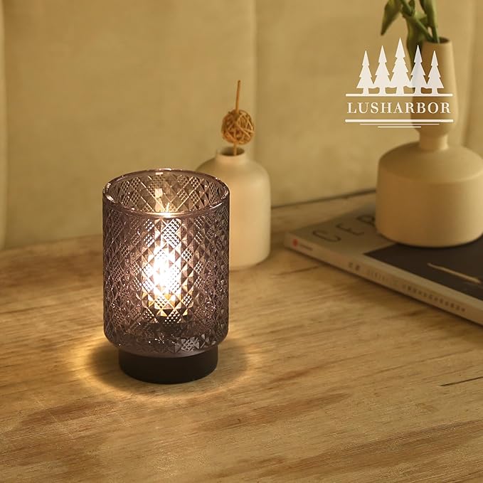 Battery Operated Lamp with Timer, Decorative Small Table Lamp, Glass Cordless Lamps Bedside Lamp for Living Room, Office, Bedroom, Entryway Diamond Design-Grey