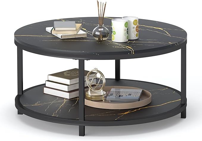 WiberWi Round Coffee Table Black Coffee Tables for Living Room 35.8" Faux Marble Top Circle Table Furniture Sturdy Metal Frame Legs Cocktail Table with Storage Open Shelf
