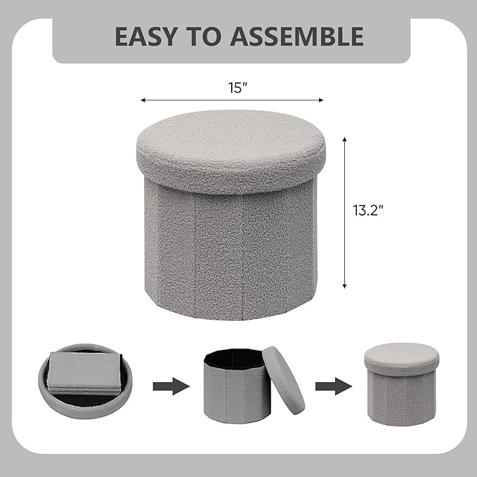 15 Inchs Round Storage Ottoman, Small Foldable Foot Stool with Hidden Storage for Living Room, Bedroom - Compact Organizer for Small Spaces,Grey