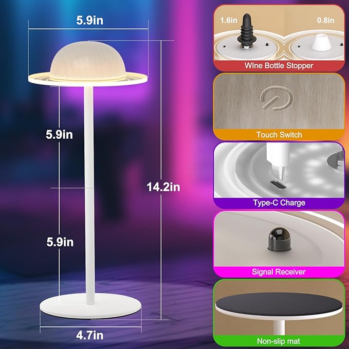 Nreonrick RGB Table Lamp,Wireless Bottle Lamp, Dimmable Color Changing Desk Lamp, Music Sync Bedside Lamp with Remote and Touch Control for Bedroom,Bar,Halloween Decor (1 Pack)