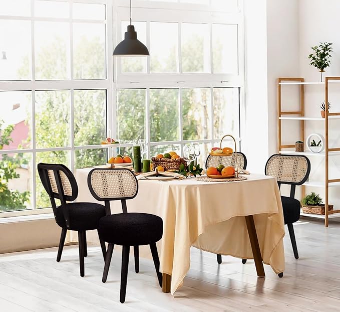 ZYBT Rattan Dining Chair, Boho Makeup Vanity Chair for Makeup Room, Mid Century Modern Boucle Chair, Black Cane Dining Chairs, Upholstered Wood Accent Chair, Cute Sherpa Chair with Back, 1 Pc