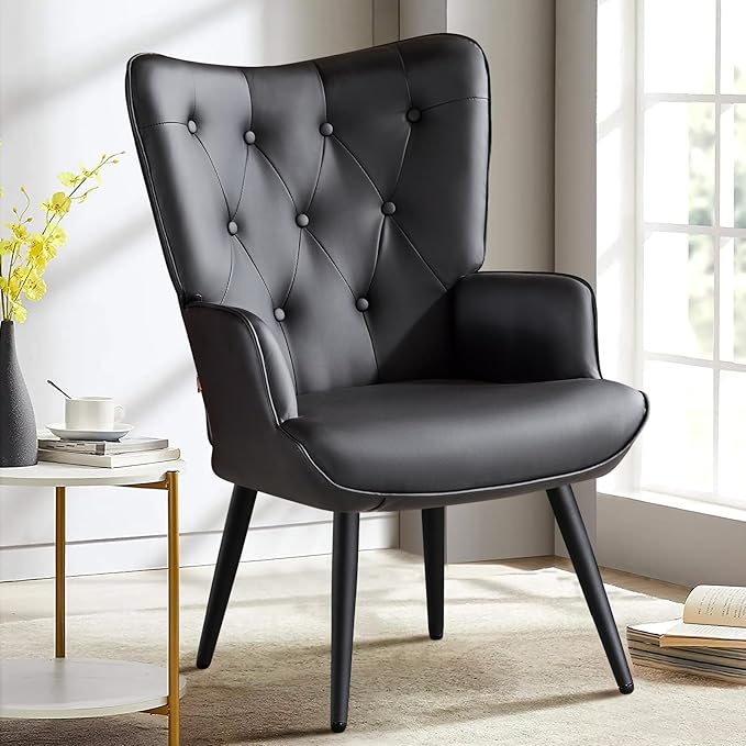 Furniliving PU Leather Accent Chair for Living Room, Upholstered Reading Chair with High Backrest, Tufted-Button Wingback Armchair for Bedroom, Dressing Room, Home Office, Set of 2, Black