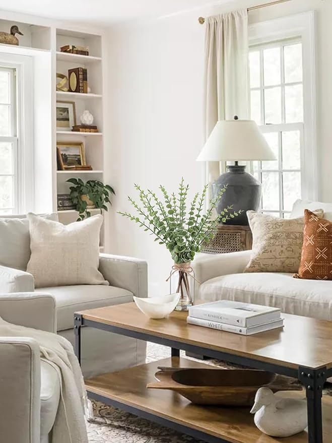 Artificial Eucalyptus Stems in Glass Vase with Faux Water，16.54" Fake Plants for Home Decor, Coffee Table Centerpieces, Office, Bathroom & Farmhouse Weddings - Faux Greenery Plants Decorations