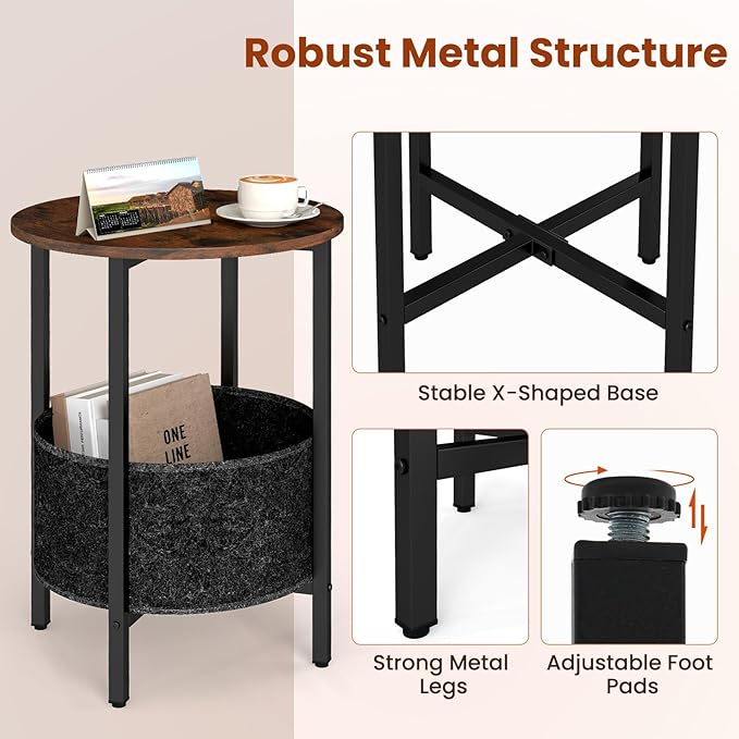 Giantex Round End Table, Small Side Table with Removable Fabric Basket, Modern Bedside Table with Metal Frame, Sofa Couch Accent Table for Small Space Living Room, Nightstand for Bedroom, Rustic Brown