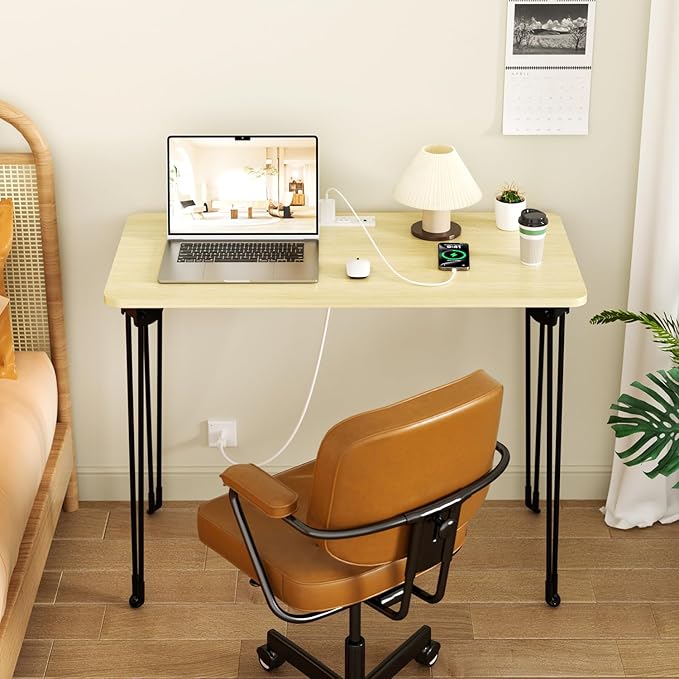 Folding Desk, 31.5" Hairpin Legs Small Desk with Power Strip for Bedroom, Space Saving Foldable Computer Desk for Home Office, No Assembly Need,Beige