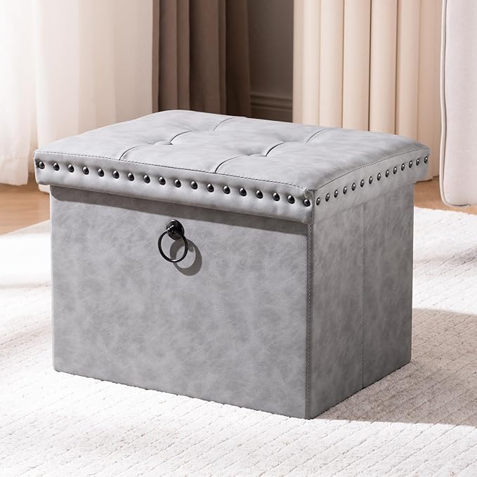 Storage Ottoman Cube 16in, Small Faux Leather Tuffed Foot Rest Stool with Rivet Design, Foldable Ottomans Footstool, Box Chest for Bedroom, Entryway, 16x12x12inches Grey, Load 242 lb, Grey