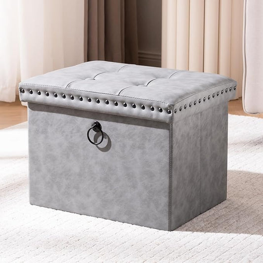 Storage Ottoman Cube 16in, Small Faux Leather Tuffed Foot Rest Stool with Rivet Design, Foldable Ottomans Footstool, Box Chest for Bedroom, Entryway, 16x12x12inches Grey, Load 242 lb, Grey