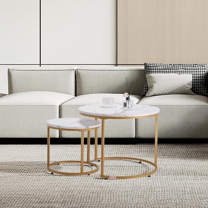 VEVOR Nesting Tables, Coffee Table Set of 2, 23.6 inch Round Coffee Table, Small Coffee Tables Night Stand with Metal Frame, for Living Room, Bedroom, Office (White & Gold)