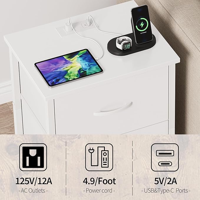 Vagusicc Nightstand with Charging Station, Bedside Table with USB Ports and Outlet, End Table Side Table with 2 Fabric Drawers for Bedroom, Living Room, White