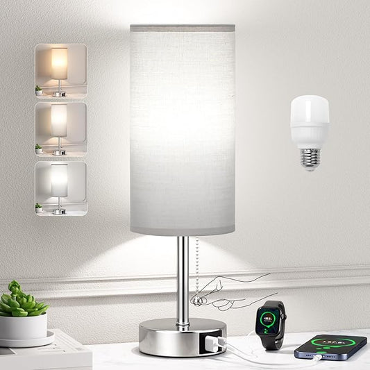 Grey Table Bedside Lamp for Bedroom Nightstand - Small Silver Lamp with USB A + C Charging Port, 3 Color Temperatures Pull Chain Night Stand Light with Bulb, Side Table Desk Lamp for Living Room