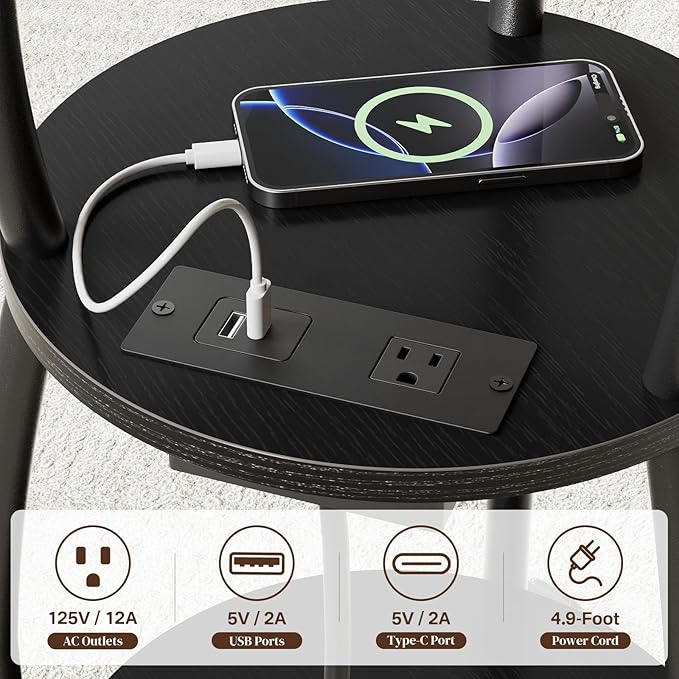 Round Side Table with Power Outlet & USB Ports, 3-Tier End Table with Storage Shelf, Modern Rustic Nightstand, Small Spaces Accent Table for Living Room Bedroom, Easy Assembly, Black