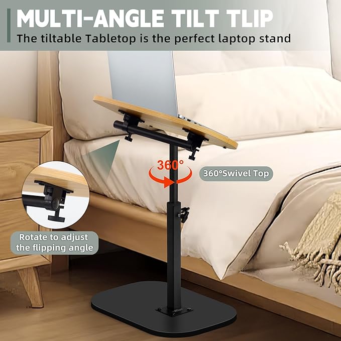 Aoligrace Adjustable Height C Shaped End Table, Small Side Table for Small Spaces Living Room Couch Sofa, 360° Swivel & Flip Top TV Tray Table(Wood)
