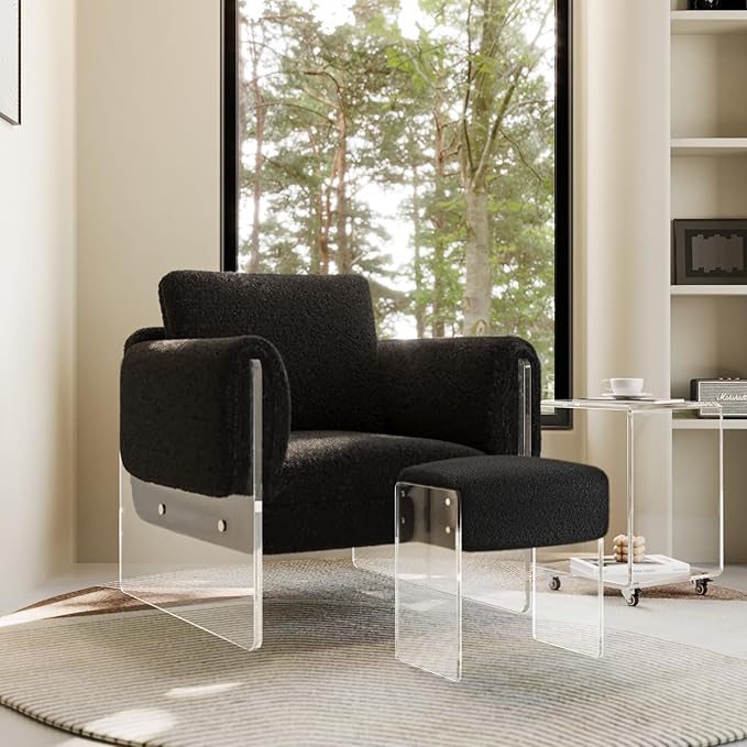 Vanity Stool Chair and Foot Rest -Modern Vanity Stool and Footstool with Wool and Acrylic Leg for Makeup Room, Living Room , Bedroom, Boucle Ottomans for Birthday, Christmas, Halloween, Easter Gifts