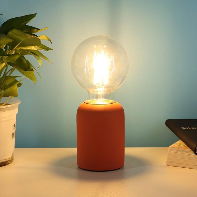 Mini Modern Orange Red Concrete Bedside Table Lamp, 3.5 x 3.5 x 8.5 Inch Nightstand Lamps, with Spherical Bulb Round Side Table Lamp for Bedroom Living Room Entryway Table Lamps