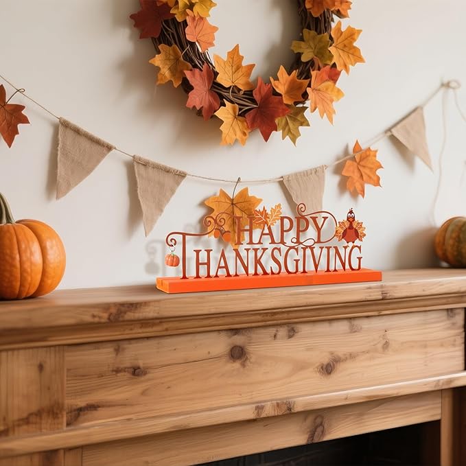 Metal Holiday Table Sign Decor, Decorations Tabletop Centerpiece for Home, Office, Shelf, Tiered Tray, Mantel, Indoor, Merry Christmas, Happy Thanksgiving