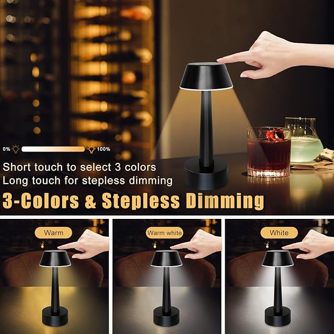 UMEXUS Cordless Small Table Lamps Rechargeable Battery Operated 3-Way Touch Dimmable Metal Portable Mini Lamp Bedside Night Light for Bar, Restaurant, Dinner, Outdoor, Home Decor Black