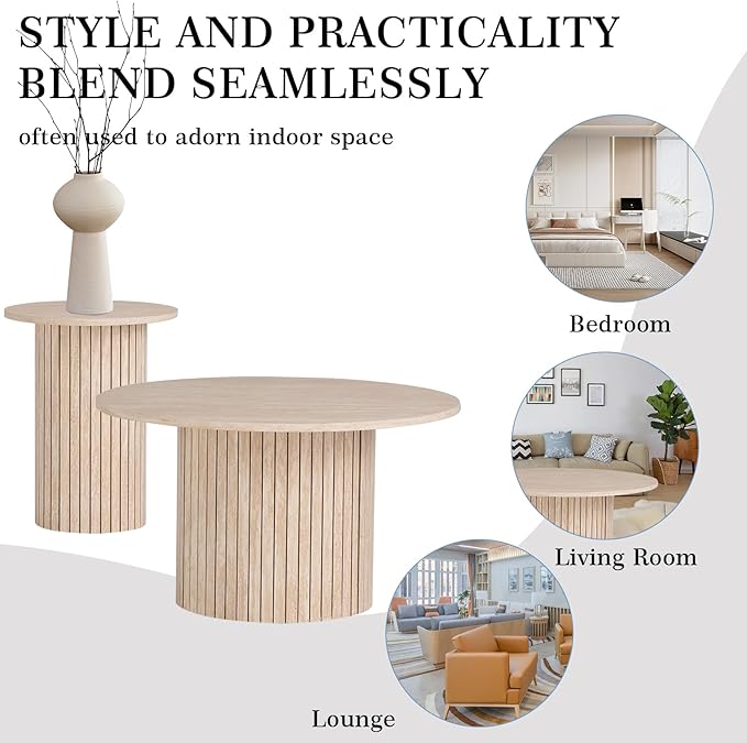 Small Round Coffee Table Set of 2, Wood Finish Nesting Coffee Tables, Boho Circle Side Table for Living Room (φ27.6 Large Short + φ15.8 Small Tall)