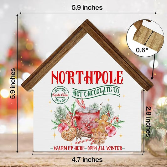 Christmas Hot Cocoa Bar Decor, North Pole Hot Chocolate Co House Shaped Wood Block Sign Xmas Holiday Decorations for Home Kitchen