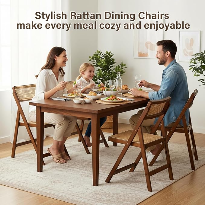 Rattan Folding Chairs, Modern Mid Century Dining Chairs Set of 2, Outdoor Bamboo Chairs for Bedroom Living Room Reading Room Dining Kitchen, Walnut