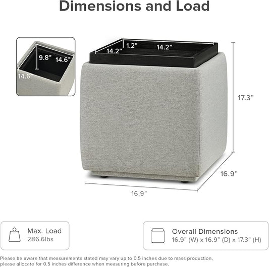 mopio Levi Storage Ottoman with Reversible Tray, Modern Square Chest Coffee Table, Upholstered Cube Sitting Foot Stools Ottoman for Living Room, Bedroom, Entryway (Fabric, Light Gray)