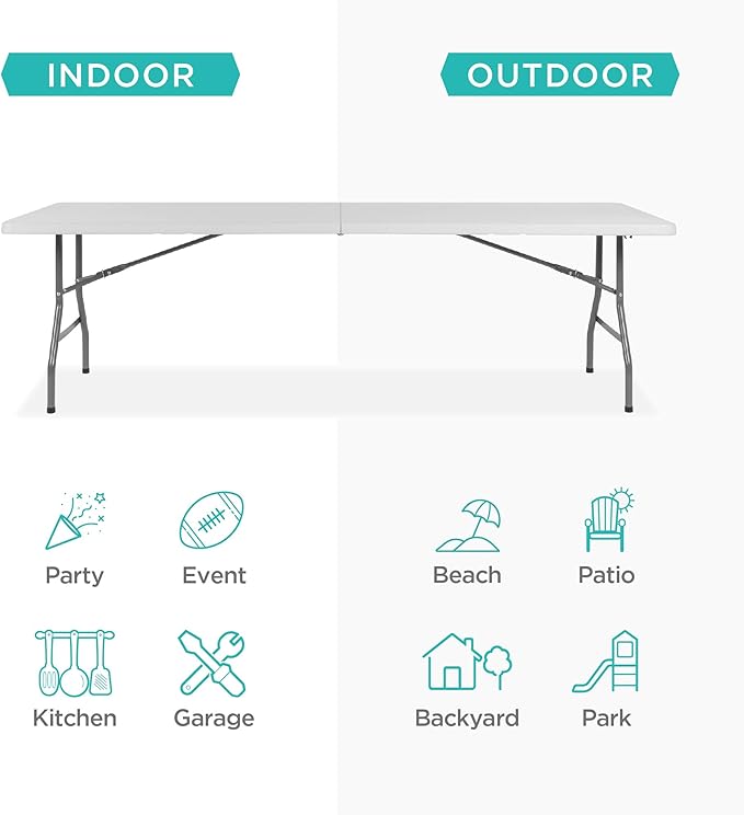 Best Choice Products 8ft Plastic Folding Table, Indoor Outdoor Heavy Duty Portable w/Handle, Lock for Picnic, Party, Pong, Camping - White