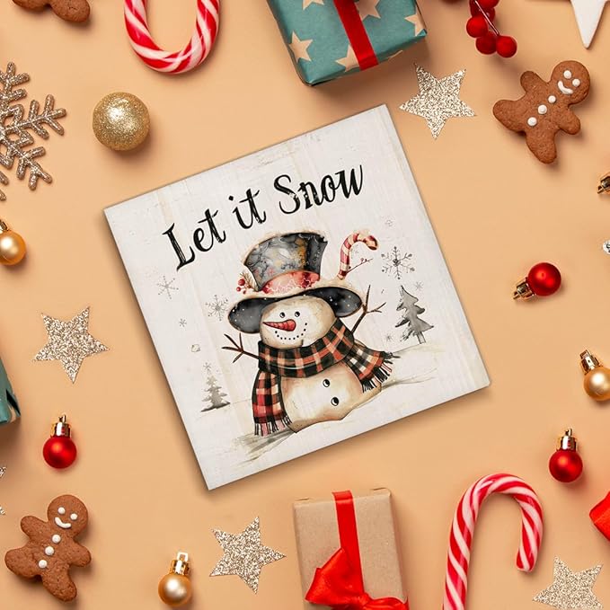 Let It Snow Christmas Decorations - Snowman Decor, Christmas Winter Wooden Sign, Home Decor for Desk Table Shelf 5 X 5 Inches