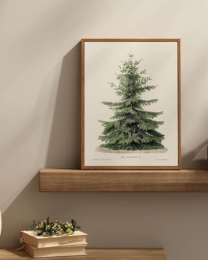 InSimSea Framed Canvas Wall Art, Vintage Christmas Decor, Living Room Pine Tree Winter Artwork, Botanical Fir Decor for Bedroom Bathroom, Cottagecore Xmas Holiday Decorations Gifts, 12x16 Inch