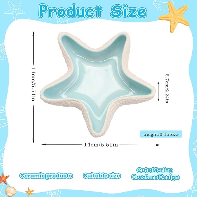 Jewelry Dish Tray For Coastal Beach Room Decor,Cute Ceramic Ring Holder Gift For Women Sister Mom Friend ,Decorative Trinket Jewelry Organizer Tray For Rings Earrings Necklaces ets (Blue starfish)