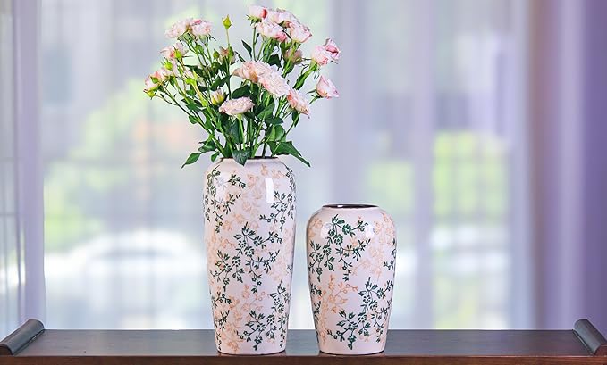 11.5" Hand-Painted Ceramic Large Vase – Green Botanicals & Yellow Florals, Crackle Glaze & Antique Patina Rim, Chinese-Inspired Artistry