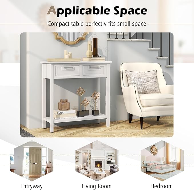 KOTEK Console Table with 2 Drawers & Shelf, Narrow Sofa Table with Rubber Wood Legs, Small Entryway Table for Living Room, Hallway, Office (White)