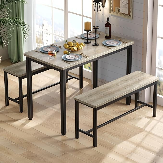 Tatub Dining Table Set for 4, 3-Piece Kitchen Table with 2 Benches, Space-Saving Dining Room Set for Breakfast Nook and Small Spaces, Grey