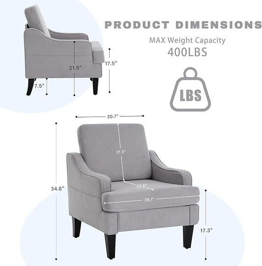 Accent Chair for Living Room,Mid-Century Arm Chair Fabric Living Room Chairs,Upholstered Reading Chair for Bedroom,Single Sofa Chair with Wood Legs for Apartment,Grey,2 Pack