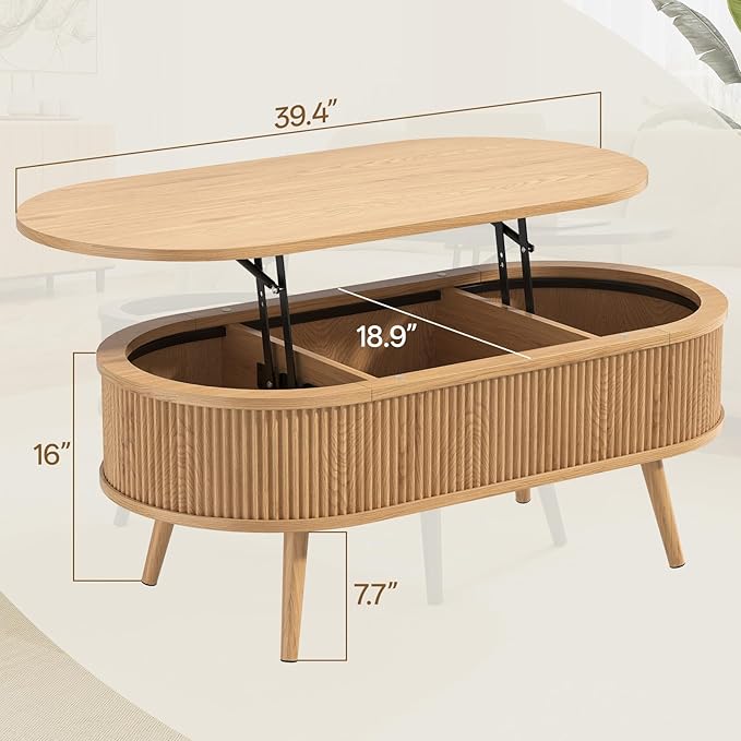 Mid Century Oval Coffee Table, Fluted Center Table with Lift Top, Modern Dining Table with Storage for Living Room Home Office, 39.4", Oak