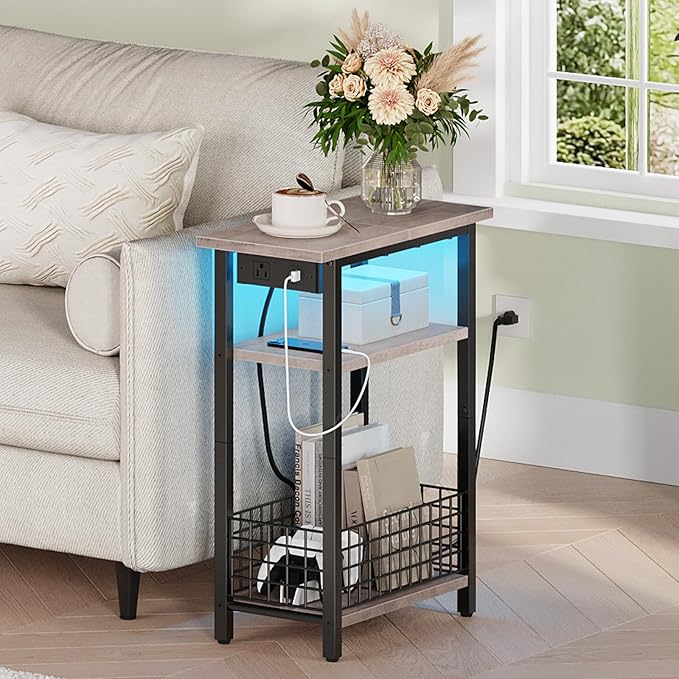 HOOBRO Narrow Side Table with Charging Station and LED Light, Small End Table with Storage, Skinny Nightstand with USB Port, Slim Bedside Table for Small Spaces, Living Room, Greige BG242UDBZ01