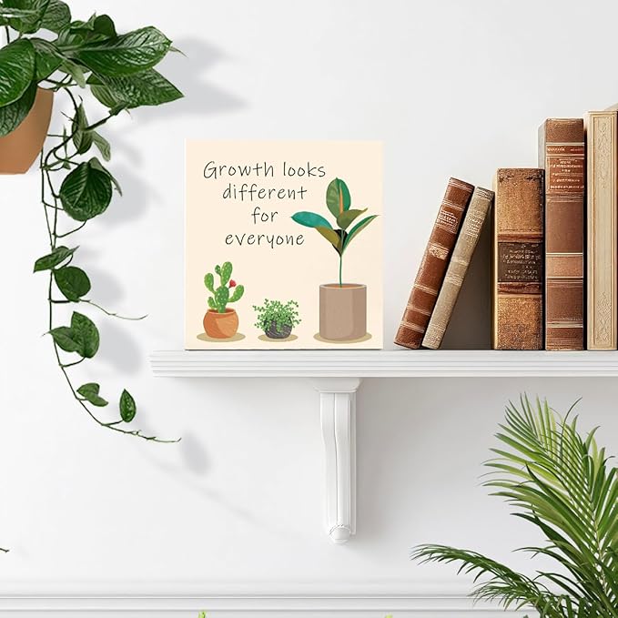 LVQHI Inspirational Wood Block Sign,Growth Looks Different for Everyone Plant Motivational Wooden Block Sign for Home Bedroom Office Desk Table Decor,Inspirational Cheer Up Gift Red