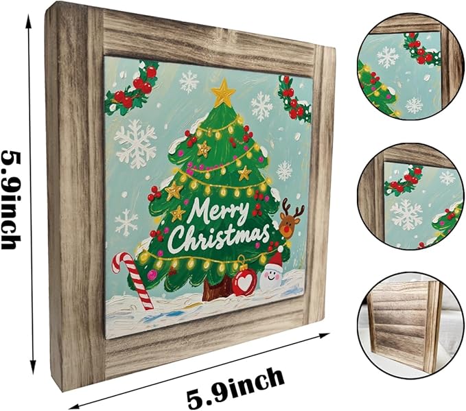 Christmas Tree Wood Sign, Farmhouse Wooden Box Sign Plaque, X-mas Decor Ornament, Christmas Tree Decorations for Home Office Indoor Shelf Table Desk, X-mas Gift