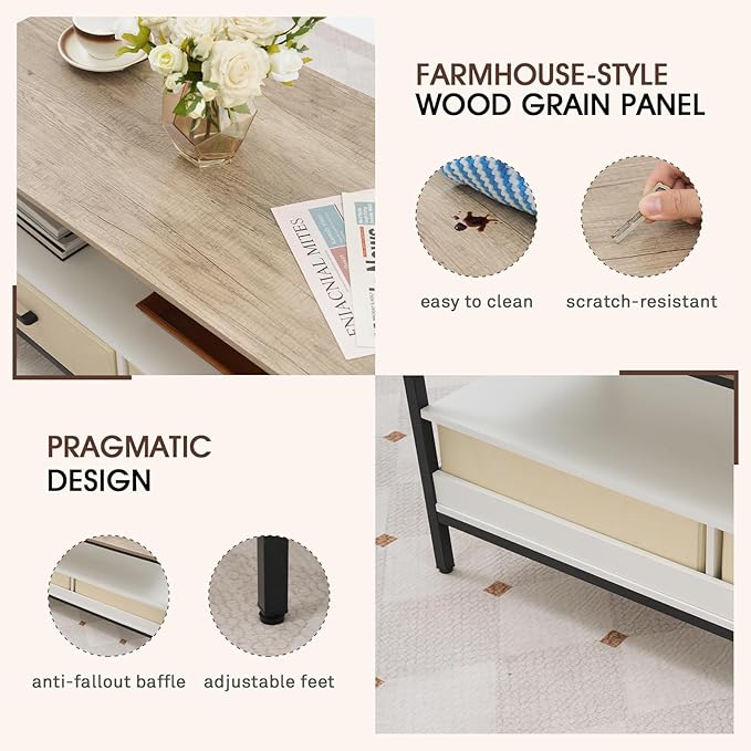 OC Orange-Casual Coffee Table, 40" Farmhouse Coffee Table with Storage Shelf & 2 Removable and Foldable Drawers, Center Table with Sturdy Frame, for Living Room, Bedroom, Office