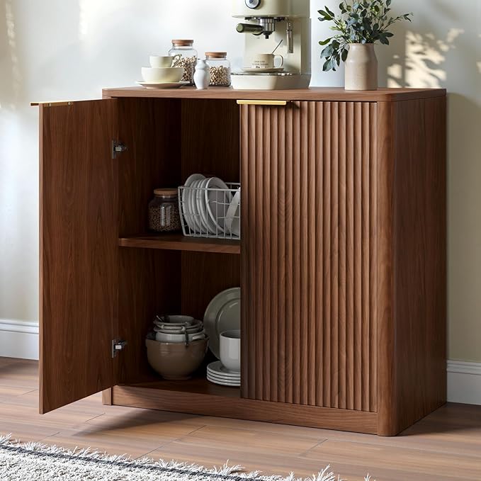 Evermagin 31.5" Walnut Buffet Cabinet with Storage, Fluted Sideboard Cabinet with Adjustable Shelves，Mid Century Modern Credenza, Console Table with 2 Doors for Dining Room, Kitchen, and Living Room